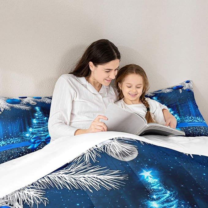 Merry Christmas Kids Comforter Set King Size,Snowflake Christmas Tree Bowknot Bedding Set,Girls Boys Adults Xmas Decor,Blue Gradient Line Glitter Down Comforter,Romantic Duvet Insert,2 Pillowcases