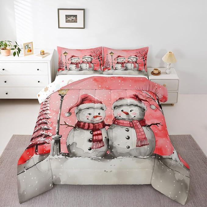 Feelyou Christmas Bedding Set Soft for Boys Girls, Pink Watercolor Snowman Comforter Set Toddler Size Xmas Winter Duvet Quilt Microfiber Snowflake Bedroom Decor 2 Pcs with 1 Pillow Cases