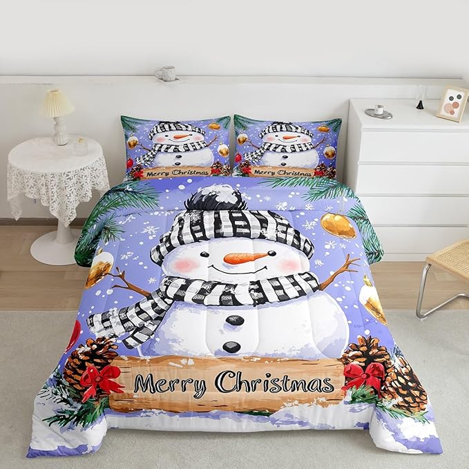 Feelyou Merry Christmas Comforter Set All Season Cute Snowman Bedding Set with 2 Pillow Cases Snowflake Microfiber Kids Full Bedclothes Winter Bedroom Decor Duvet Quilt Breathable Soft Lightweight
