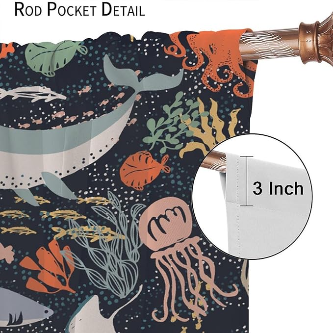 Sea Animals Curtain Cartoon Fish，Undersea Cute Whales Dolphin Underwater Wild Life Blue Ocean Boys Girls Waterproof Polyester Fabric Bedroom Decoration Set 2 Panels,84x84 Inches