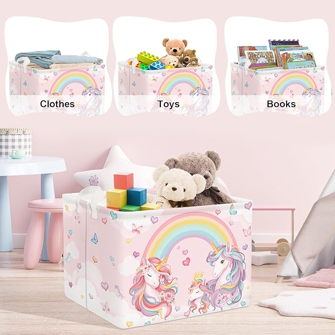 Clastyle 36L Pink Unicorn Rainbow Girls Storage Basket Collapsible Rectangle Clothes ToyBook Shelf Basket for Kid Room Nursery