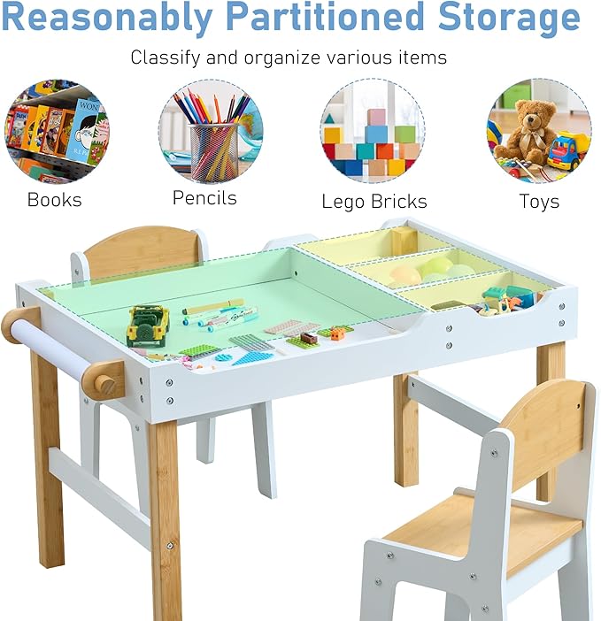 Kids Activity Table with Storage, 3 in 1 Kids Table Compatible with Lego Building Block for Boys Girls, Wooden Desk Reversible Tabletop for Toddler Arts,Drawing, Reading