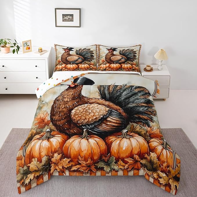 Feelyou Boys Girls Thanksgiving Comforter Cover King Size, Fall Autumn Comforter Set for Turkey Duvet Cover Kids Pumpkin Teens Bedspread Cover Bedroom Decor Bed Set 3Pcs