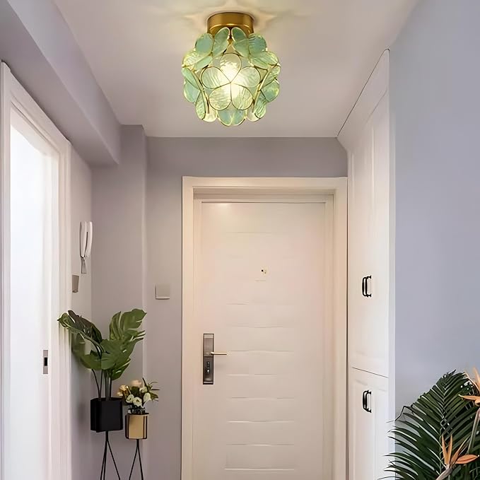 7.9 Inch Petal Ceiling Light, Tiffany Style Metal and Glass Ceiling Light, Modern Ceiling Light with E27 Base for Hallway, Entryway, Bedroom - Blueish Green