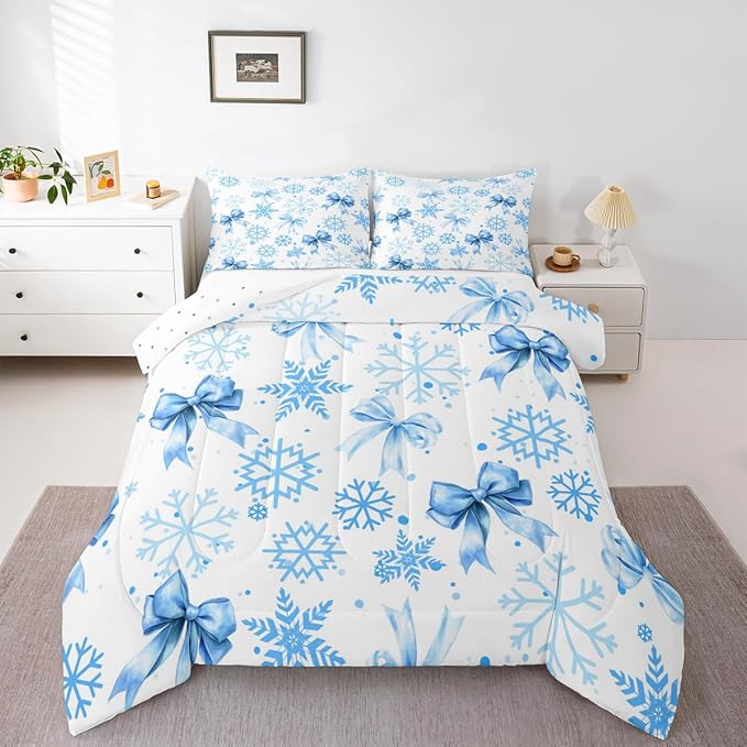 Manfei Lovely Bowknot Girls Bedding Set Twin Size,Dreamy Bowknot Dots Snowflake Comforter Set,Winter Merry Christmas Girly Quilt Comforter Teens,Blue White Room Decor All Season,1 Pillowcase