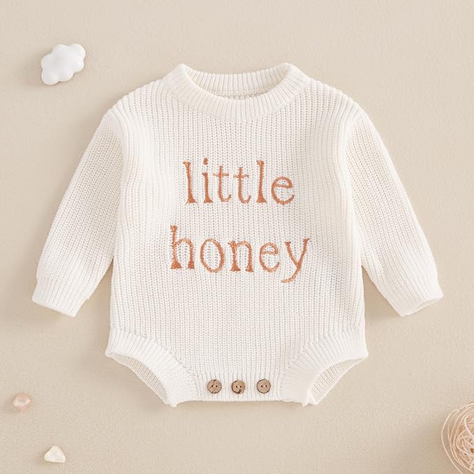 Lesimsam Newborn Baby Boy Girl Valentines Day Outfit Oversized Embroidery Long Sleeve Knit Sweater Bubble Romper Bodysuit