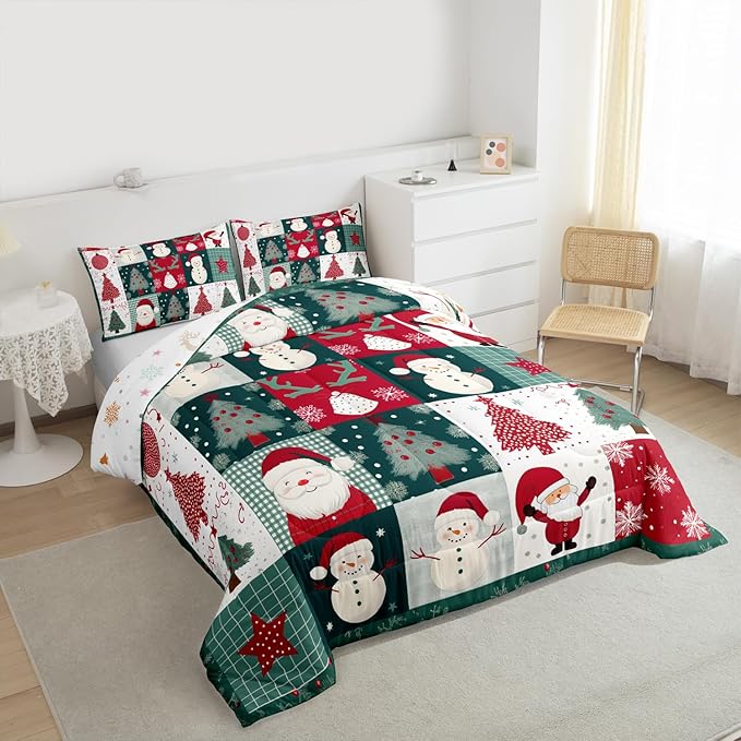 Feelyou Merry Christmas Comforter Set All Season Xmas Tree Snowman Bedding Set with 2 Pillow Cases Santa Claus Microfiber Kids King Bedclothes Patchwork Bedroom Decor Duvet Quilt Breathable Soft
