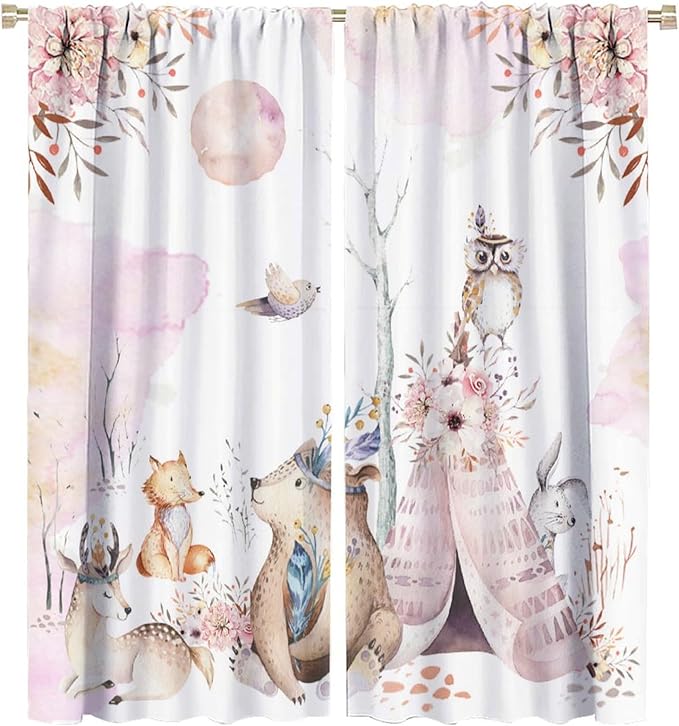 Forest Animal Curtains for Kids, Pink Watercolor Woodland Animal Window Treatments Fox Deer Owl Wildlife Safari Jungle Bear Window Drapes for Girls Nursery Toddler Bedroom 72x63in
