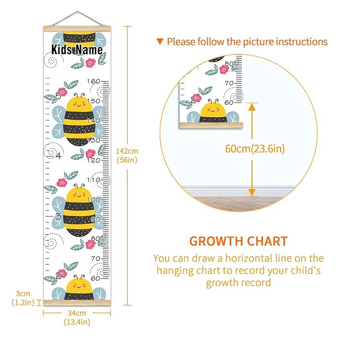 Personalized Kids Name Growth Chart Ruler for Wall Wood Frame Height Measure Chart 13.4x56 in Linen Hanging Height Growth Chart Cute Cartoon Bee Red Floral Kids Room Decor