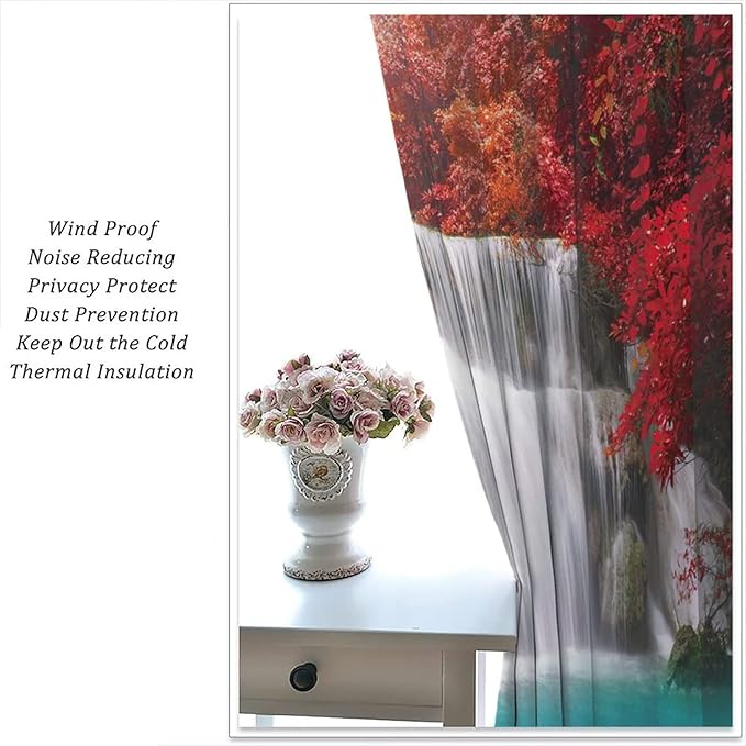 Red Forest Waterfall Blackout Windows Curtains, Tree Landscape Woodland Scenic Nature Fall Scenery Art Printed Curtains, for Living Room Bedroom 63x63in 2 Panels