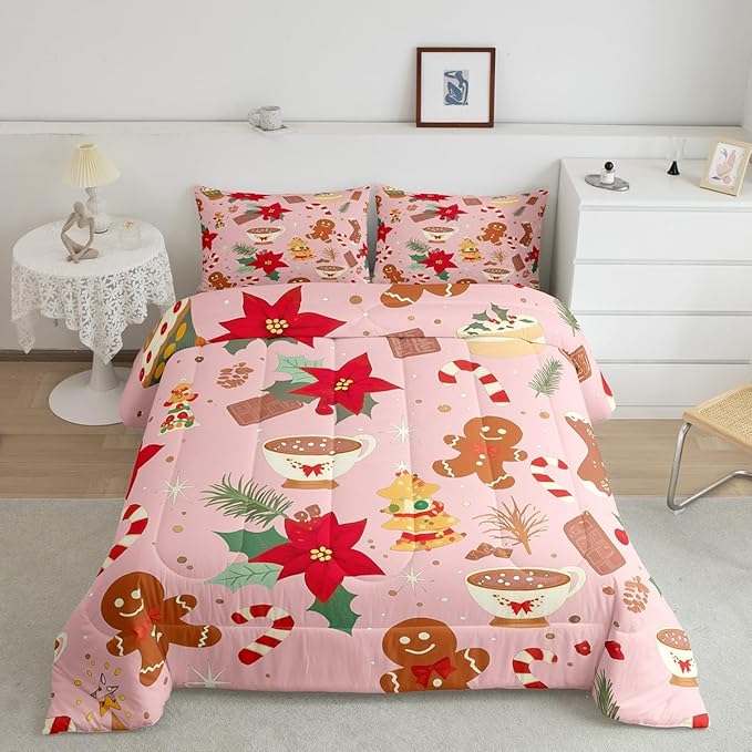 Feelyou Cute Gingerbread Man Bedding Set for Kids Boys Girls King Size Christmas Trees Comforter Set Ultra Soft Candy Comforter Dessert Duvet Quilt Bedroom Decor Christmas Decor Quilt