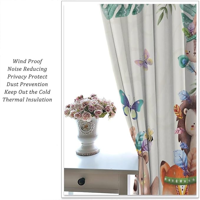 Jungle Safari Curtains, Cute Cartoon Forest Animals Pattern Blackout Window Treatments, Rod Pocket Thermal Insulated Drapes 2 Panel Sets for Children Boys Bedroom Nursery Classroom, 42" W X 63" L