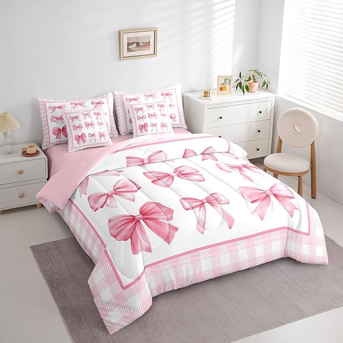 7 Pieces Pink Bowknot Kids Comforter Queen,Geometric Plaids Grids Patchwork Fashion Bedding Set,Bow Tie Knot Princess Romantic Chic（Comforter+Fitted+Flat Sheet+2 Pillowcases+2 Throw Pillow Covers）