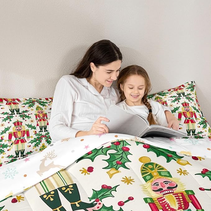 Feelyou Merry Christmas Bedding Set Soft for Boys Girls, Nutcracker Comforter Set Queen Size Holly Leaves Duvet Quilt Microfiber Red Berries Bedroom Decor 3 Pcs with 2 Pillow Cases