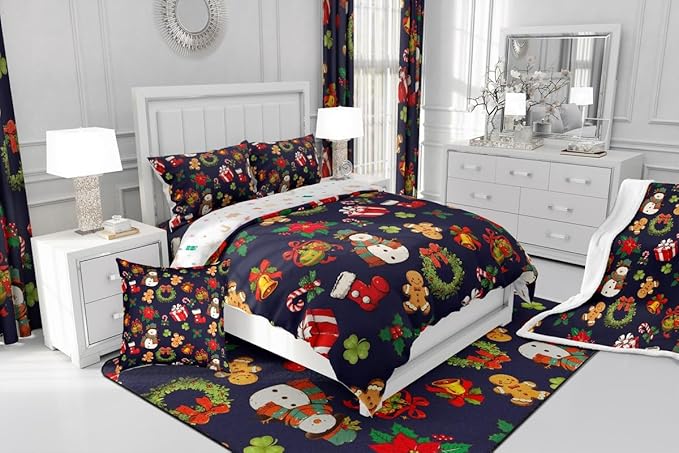 jejeloiu Merry Christmas Comforter Set King Size Cute Snowman Bedding Set for Kids Boys Girls Gingerbread Man Duvet Quilt Dark Blue Bedroom Decor
