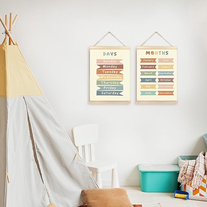CGBHW Boho Educational Poster Hanger Frame Set of 2, Days of the Week Months of Year Learning Posters Wall Art Hanging Decor for Classroom Nursery Kids Room Playroom Preschool，12x16Inch