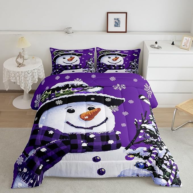 Feelyou Kids Christmas Theme Decorations Bedding Set Xmas Snowman Comforter Set for Boys Girls Snowflake Kawaii Cute Purple Bedroom Collection Twin Size