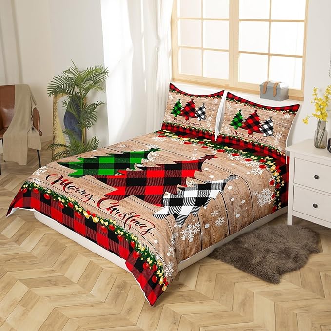 Manfei Plaid Tree Duvet Cover Set King Size, Wooden Stripe Print Bedding Set 3pcs for Kids Boys Girls Bedroom Decor, Christmas Theme New Year Comforter Cover with 2 Pillowcases,No Comforter