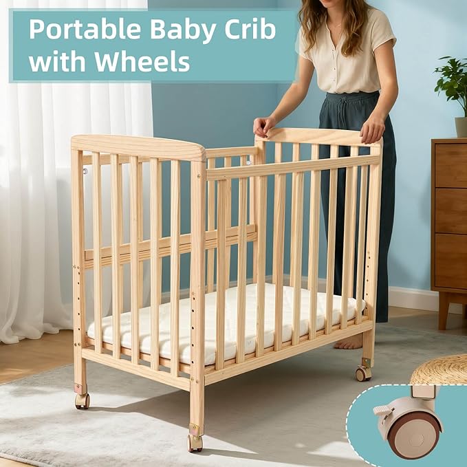 Portable Mini Baby Crib - Convertible Baby Cribs with Soft Foam Mattress(33 * 20"),6 Heights Bedside Bassinet Sleeper,Wheeled Bedside Crib Co Sleeper for Small Space,Unpainted