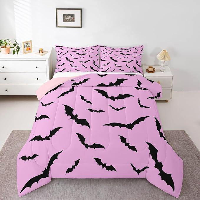 Erosebridal Gothic Bat Comforter Set Halloween Theme Bedding Set Twin Size,Horror Spooky Animal Quilt for Kids Boys Girls Adults Black Bats Silhouette Down Comforter,Pink Goth Room Decor