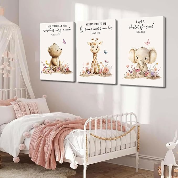 3Pcs Nursery Animal Bible Verse Canvas Wall Art Cute Bear Elephant Giraffe Wall Decor Pictures Christian Baby Nursery Posters Prints for Kids Boys Girls Room Home Decoration 16x24in