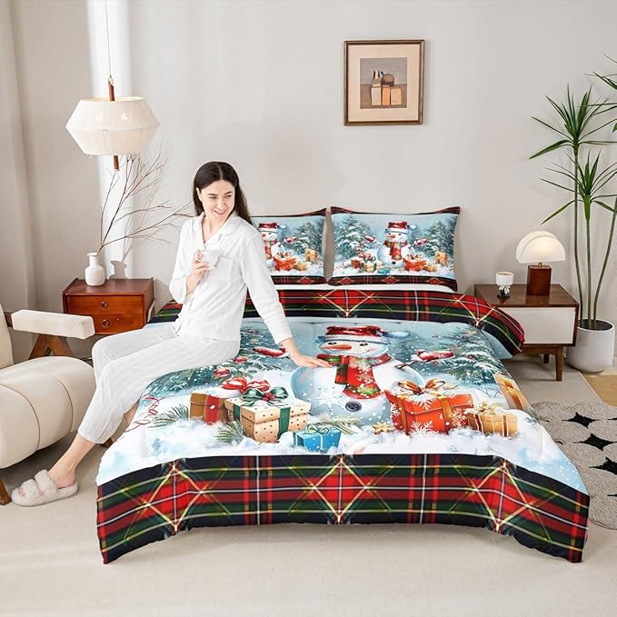 Castle Fairy Xmas Cute Snowman Comforter Set Twin Size,Merry Christmas Pine Trees Decor Bedding Set for Kids Boys Men,Vintage Red Green Checkered Plaid Quilted Duvet Set with 1 Pillowcase