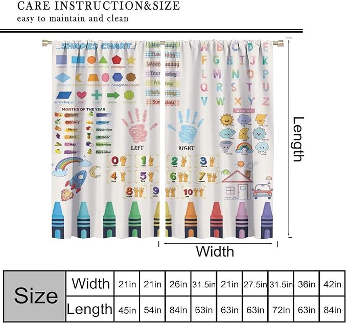 Kids Educational Alphabet Curtain,Boho Watercolor Alphabet Pastel Numbers Shapes Colors for Girls Child Nursery Home Kids Printed Rod Pocket Window Drapes for Bedroom Living Room Decor 42" W X 45" L