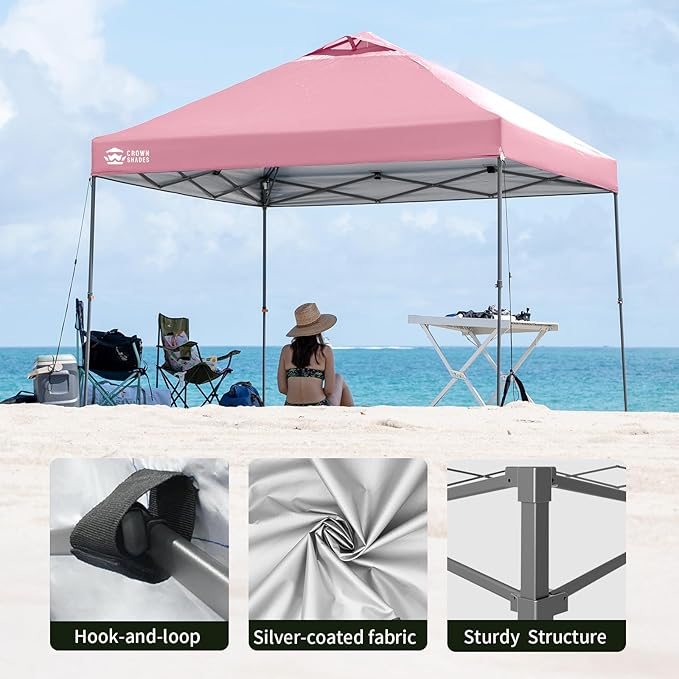 CROWN SHADES Adjustable Height on The Fly, 10x10 Pop Up Canopy - Beach Tent with One Push Setup - Easy Outdoor Sun Shade for Events, Parties, Camping - Outside Shade with STO-N-Go Bag, Pink