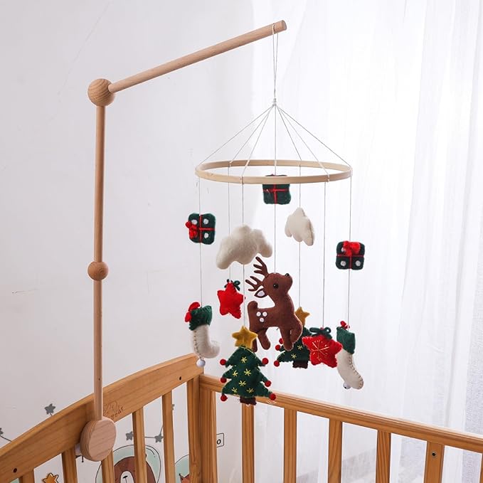 Baby Crib Mobile, Christmas Deer Crib Hanging Toy, Felt Xmas Tree Clouds Stars Baby Wind Chimes, Newborn Gifts for Girls Boys
