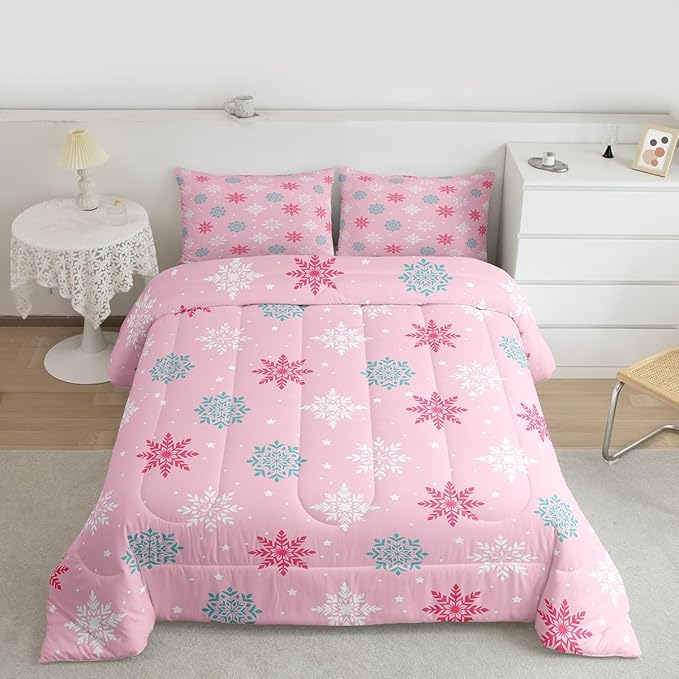 Feelyou Winter Snowflakes Bedding Set Soft for Boys Girls, Winter Holiday Comforter Set Toddler Size Frozen Snowflake Duvet Quilt Pink Bedroom Decor 2 Pcs with 1 Pillow Cases