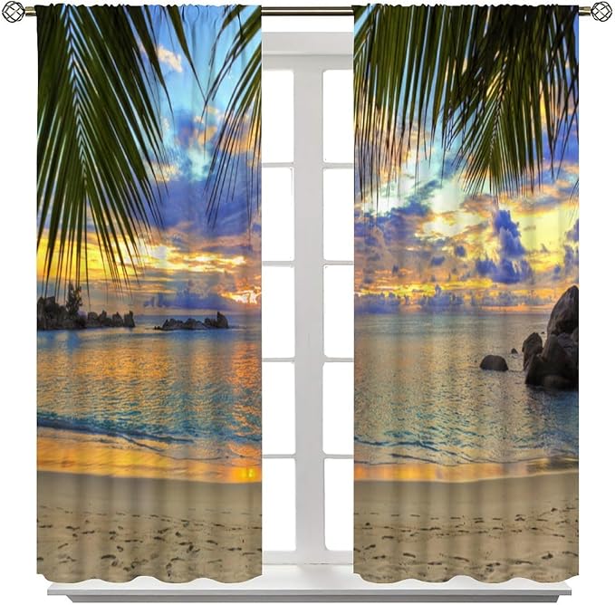 Ocean Beach Curtains,Sunset on Beach in The Evening Hawaiian Seaside Scene Pattern Print Decor Home Bedroom Living Room Window Treatments 2 Panel Set 42x45 Inch