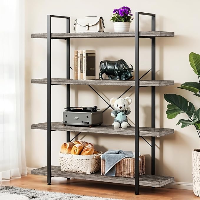 Bookcase, 47 Inch Wide Wood Bookshelf, 120lbs Shelf Capacity, Rustic Open Shelving Industrial Display with Reinforced Horizontal Shelves for Living Room Bedroom Office (4 Tier - Grey) 2 Set