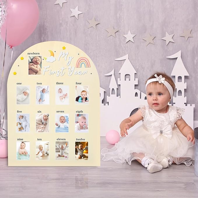 My First Year Photo Board - LIKEYO Wooden Photo Board Display My First Year Milestone Picture Frame, One Year Of Baby Photo Board, 12 Months Neutral Baby Keepsake Board, First Birthday Gifts Nursery Decor