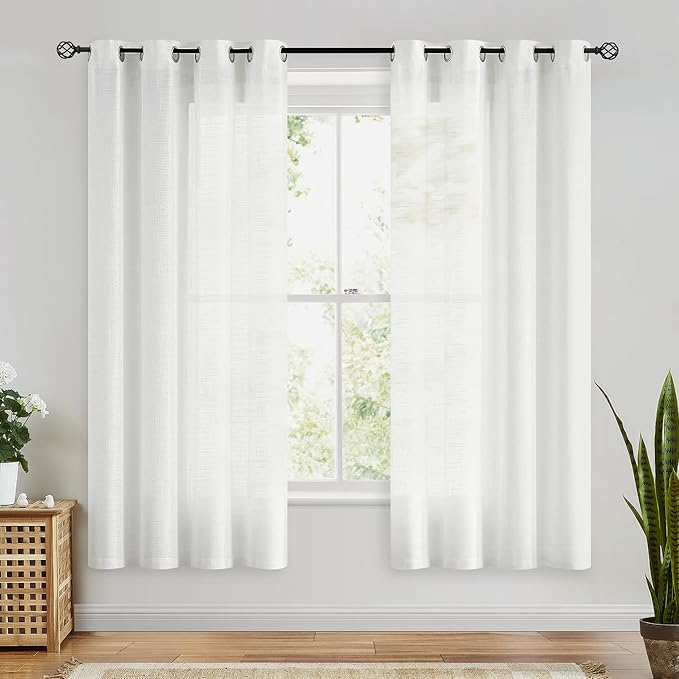 FMFUNCTEX Linen Semi Sheer Curtains for Bedroom, White Curtains 63 Inch Length for Living Room, Country Farmhouse Sheer Drapes, Light Filtering Window Curtain, Grommet Top 2 Panels