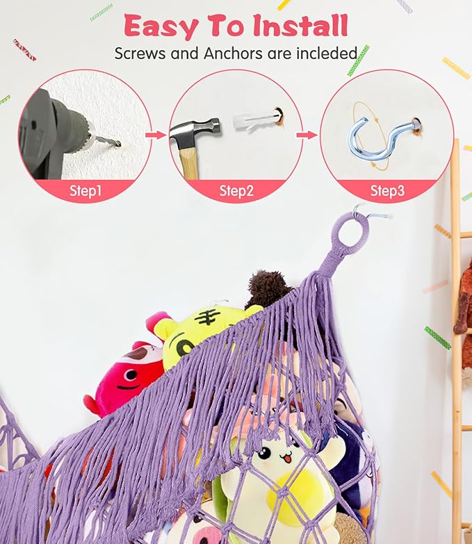 Extra Large Stuffed Animal Net Hammock - [56'' Long/Handwoven Macrame/Lavender] Toy Hammock Storage for Flat Wall, Hardware Included