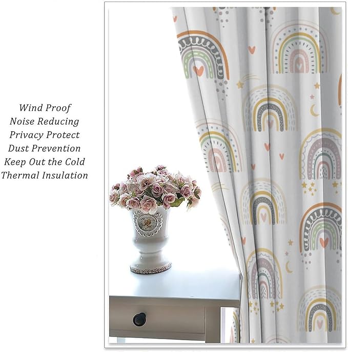 Kids Rainbow Curtains Boho Cartoon Colorful Stars Love Heart Lovely Abstract Art Pattern Print Window Drapes for Girl Bedroom Living Room Kitchen Decor,2 Panel Set,42Wx45H Inch Blackout