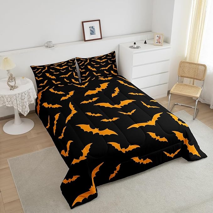 Erosebridal Bat Quilt Happy Halloween Decor Comforter Set Full Size for Kids Boys Youth Gothic Spooky Bedding Set Orange Bats Silhouette Duvet Insert with 2 Pillow Cases