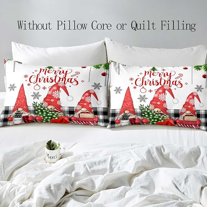 LUVIVIHOME 3PCS Christmas Gnome Duvet Cover King, Christmas Bedding, White Duvet Cover, Holiday New Year Xmas Santa Swedish Tomte Snowflake Red Black Buffalo Plaid Comforter Quilt Cover 2 Pillow Shams