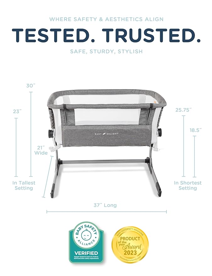 Baby Delight Beside Me Dreamer Bassinet | Bedside Sleeper | 6-Position Height Adjustment | Charcoal Tweed