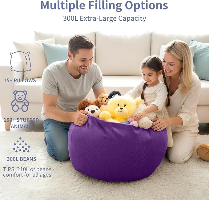 Nobildonna 3 ft Bean Bag Chair Cover (No Filler) 35"×43" Large Stuffed Animal Storage Bean Bag Washable Big Beanbag Chair Cover Premium Corduroy Bean Bag Cover for Adults,Kids,Purple 300L
