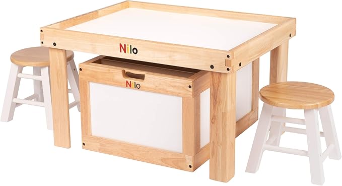 NILO Kids Activity Table Set with Two Double-Sided Baseplates/Boards/Mats (N34 Play Table with Holes, 24x32x20 and 2X Blue Base Plates 12x32)