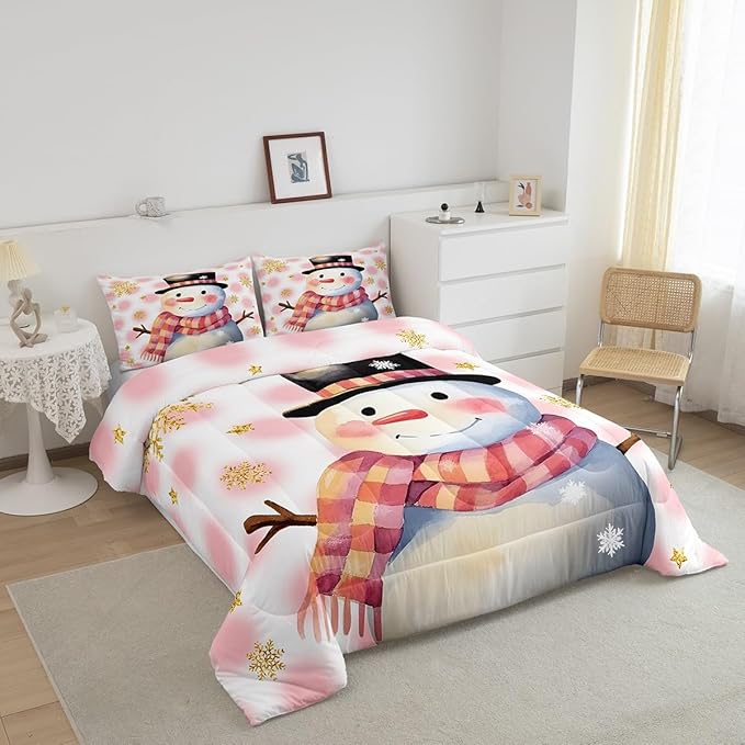 Feelyou Kids Merry Christmas Decorations Queen Size Comforter Set Xmas Snowman Bedding Set Pink Quilt Set Soft Warm Lightweight Duvet Set