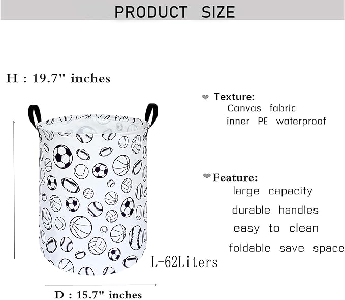 KUNRO Round Basketball Football Laundry Gift Basket Storage Hamper, Kids Toys and Clothes Storage Organizer Bins, Toy Shelf Basket with Handles for Room Decor (Sports ball)