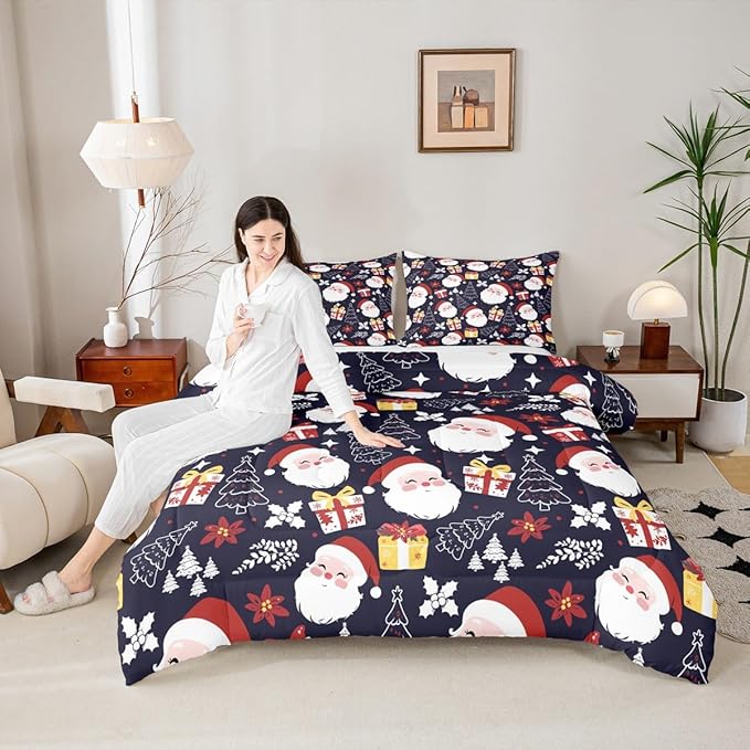 jejeloiu Santa Claus Comforter Set Toddler Size Merry Christmas Bedding Set for Kids Boys Girls Xmas Themed Duvet Quilt Dark Blue Bedroom Decor