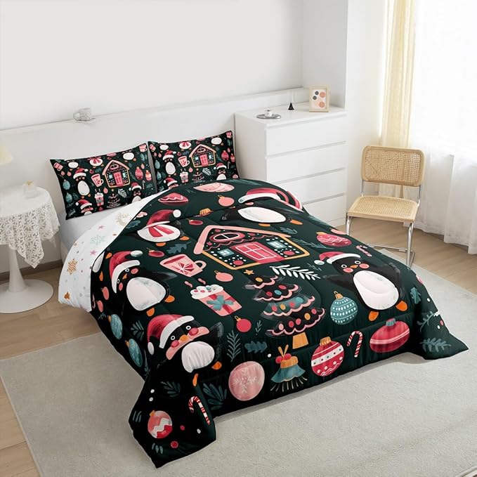 Feelyou Christmas Kids Comforter Set Toddler Size Xmas Tree Ball Bedding Set Penguin Duvet Quilt for Kids Boys Girls Bedroom Gingerbread Houses Decor Microfiber Ultra Soft Breathable