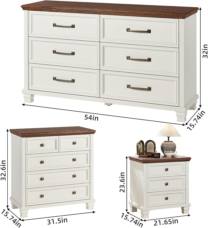 Farmhouse Bedroom Dresser and Nightstand Set of 4, 6 Drawer Low & 5 Drawers Dresser & 3 Drawer Nightstand Set with Wooden Legs, Rustic Wood Furniture for Bedroom, Hallway, White