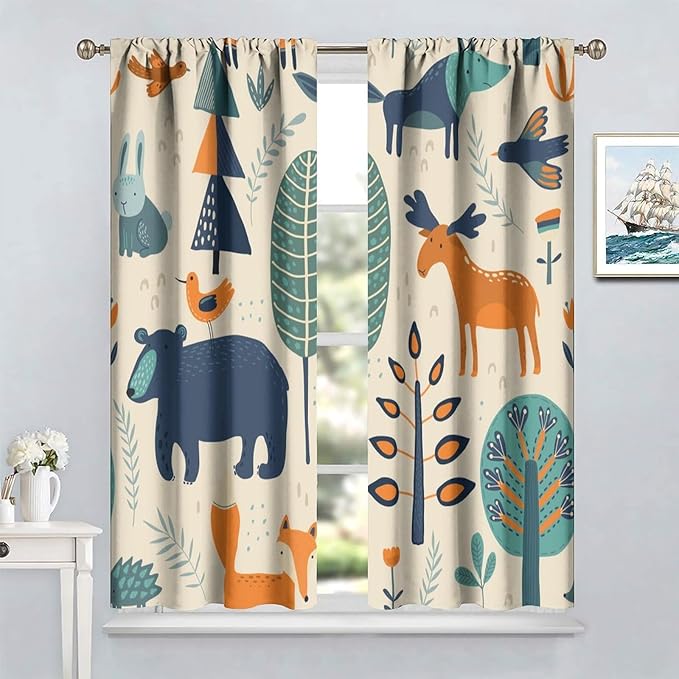 Kids Forest Animal Curtains, Rustic Cartoon Cute Wild Animal Window Treatments Woodland Safari Animal Fox Deer Bear Window Drapes for Girls Boys Nursery Toddler Bedroom 52x84in