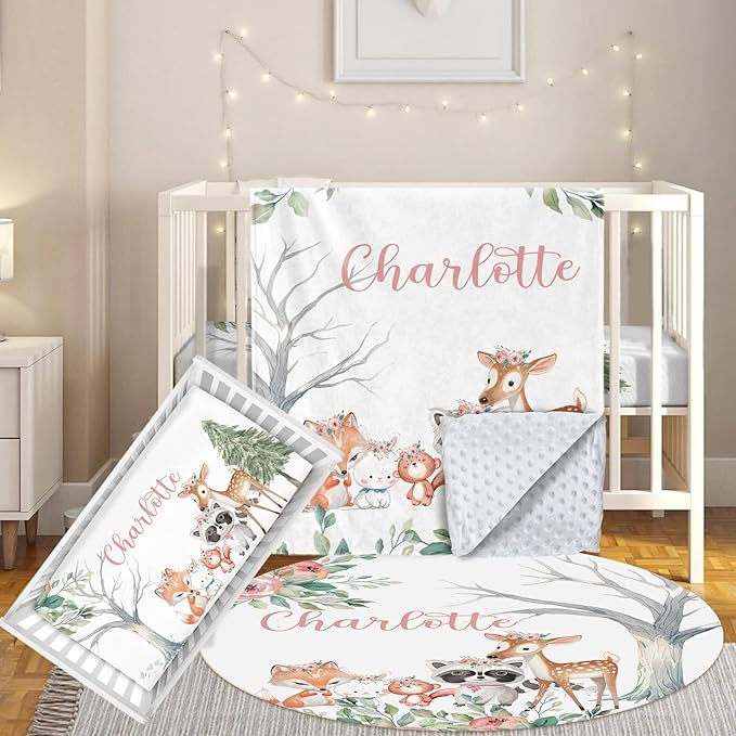 Custom Baby Crib Bedding Set, 3 Pcs Personalized Nursery Bedding Set with Name, Soft Baby Bedding Crib Sets with Blanket - Toddler Crib Sets for Girls Boys, Newborn Gifts, Pink Forest Animals