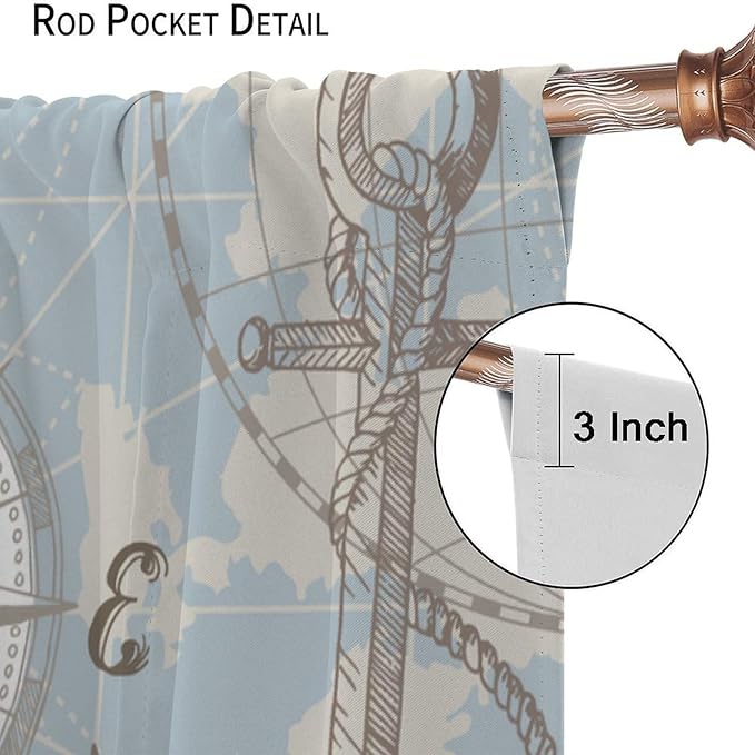 BAEKJIN Nautical Costal Curtains, Compass Lighthouse Anchor Sailboat Pattern Print Decor Home Bedroom Living Room Window Treatments 2 Panel Set 42x45 Inch