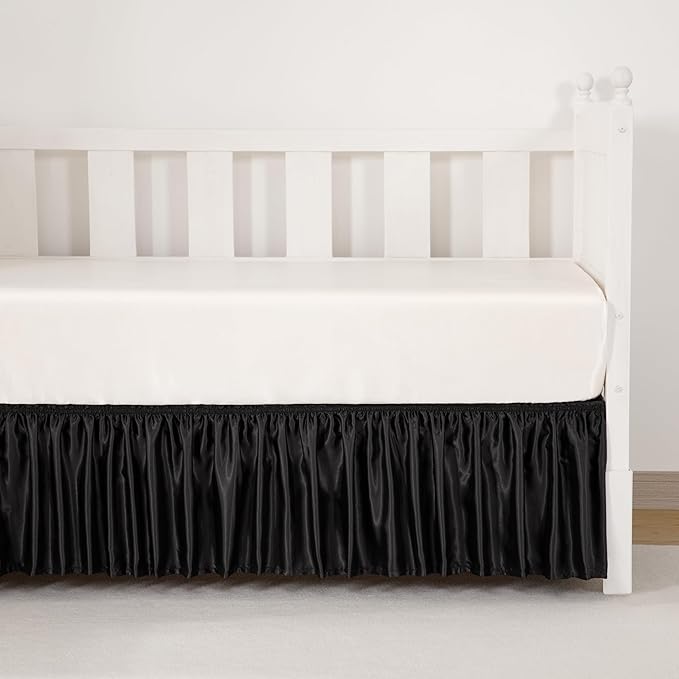 Black Satin Crib Bed Skirt, 52" x 28" with 14" Drop Silky Soft Baby Crib Skirt for Baby Girls or Boys, Fit for Standard Crib & Toddler Bedding